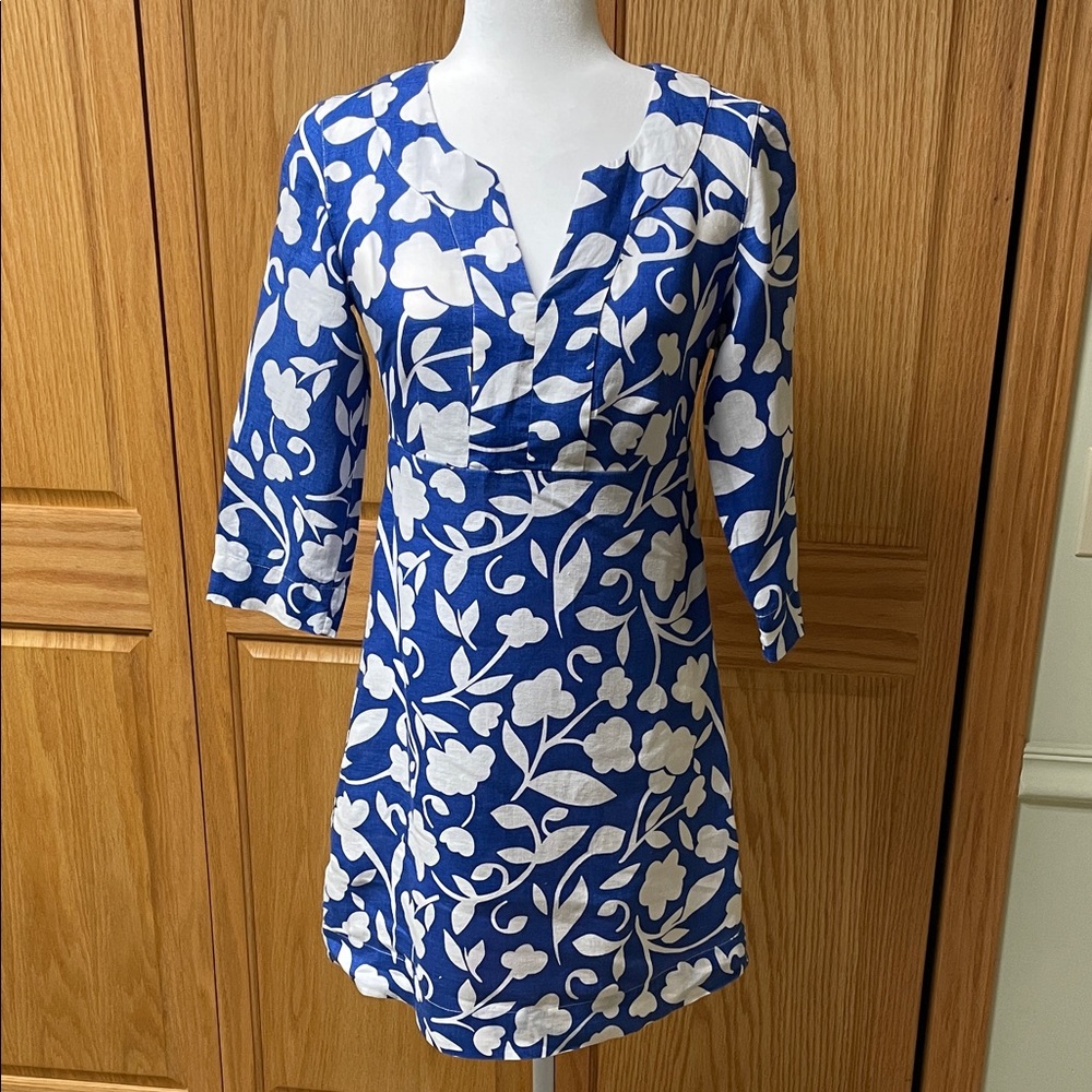 Boden Blue and White Floral Linen Dress in Size 2